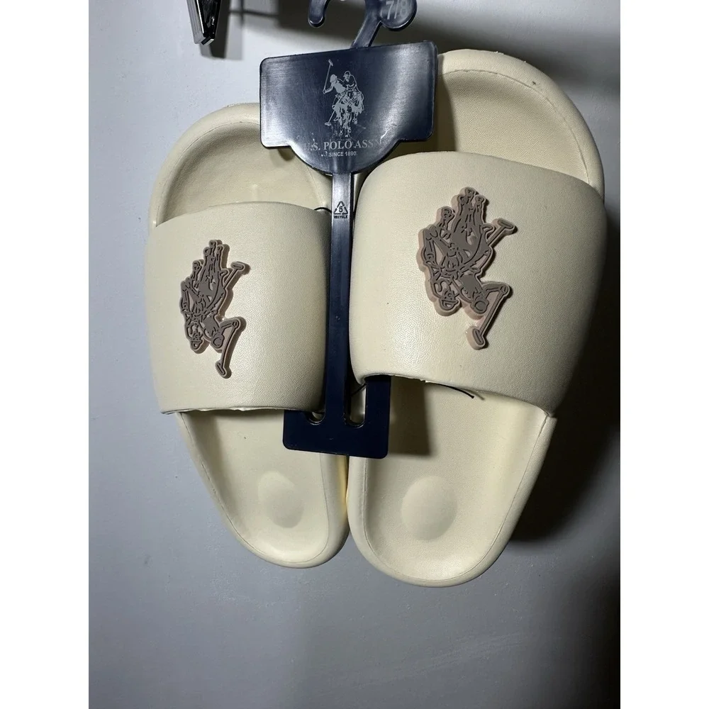 U.S. Polo Assn. Men's Beige Logo Slide Sandals Slip-On Casual Size S (7-8) NWT